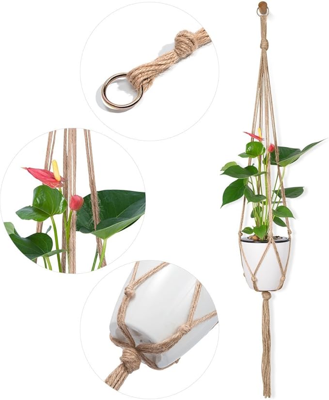 4 Pcs Macrame Plant Hanger Basket Liners with Country Style Natural Jute, Elegant for Home Garden, Patio and Office, Indoor & Outdoor Decoration, ONLY Hanger, NO Plant or Pot (48", 41")
