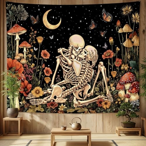 Lifeel Skeleton Lovers Tapestry, The Kissing Lovers Boho Aesthetic Skull Gothic Tapestry for Bedroom Living Room, 36x48 inches - color: Black1, size: 48"L x 36"W