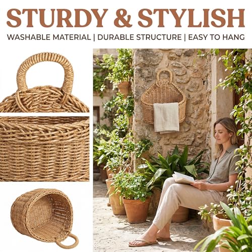DOITOOL Set of 2 Wicker Hanging Basket for Wall, Front Door, Flowers, Mail, Fruit - Boho Handmade Rattan Hanging Wall Baskets for Garden Farmhouse Home Storage