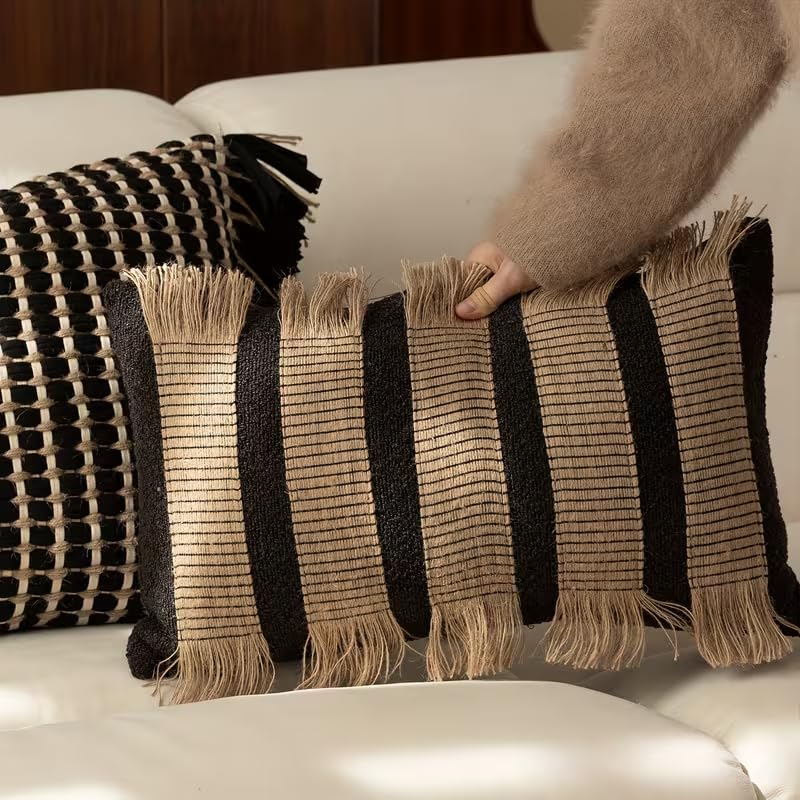 MOCOFO 100% Handmade Woven Checkerboard Pillow Cover with Fringe, Wabi Sabi French Vintage Luxury Cushion Case, Chunky Cotton & Hemp Rope Plaid Accent Pillow for Couch (Cover Only) (Checkered, 18x18) - color: Checkered, size: 18" x 18" (Pack of 1)