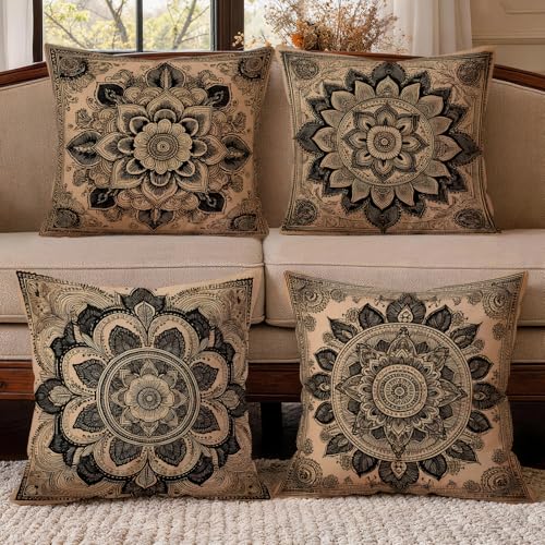 OBSEDE Vintage Black Mandala Decorative Throw Pillow Covers 18x18 Set of 4 Faux Linen Cushion Cases Single-Sided Print Retro Dark Boho Accent Pillows for Couch Sofa - color: Vintage Black Mandala