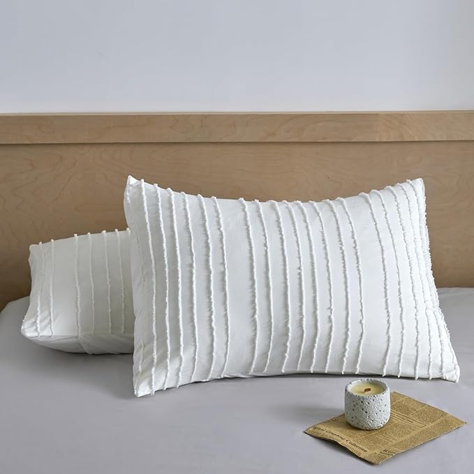 Standard Pillow Shams 2 Pack, Standard Size Pillowcases, Soft Microfiber Geometric Striped Tufted Pillow Covers with Envelope Closure, Ivory, 20x26 Inches