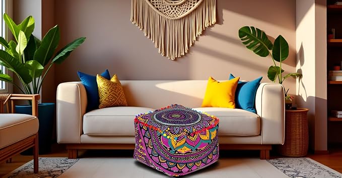 CRAFT KALA Large Hippie Mandala Meditation Floor Ottoman Pillow Cushion Pouf Cover Square Poufs Cover Bohemian Floor Cushion Cover Outdoor Fireplace Living Room Decor 22X22X14 inches, New Pink Ombre