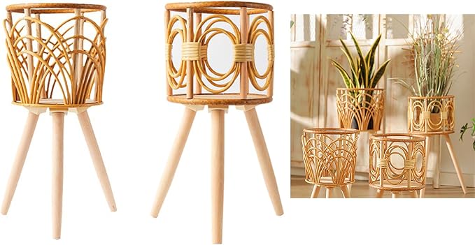 Rattan Indoor Plant Stand Straw Woven Flowers Pot Holder Stool With Legs Floor Planter Baskets Rack Wooden Plant Shelf