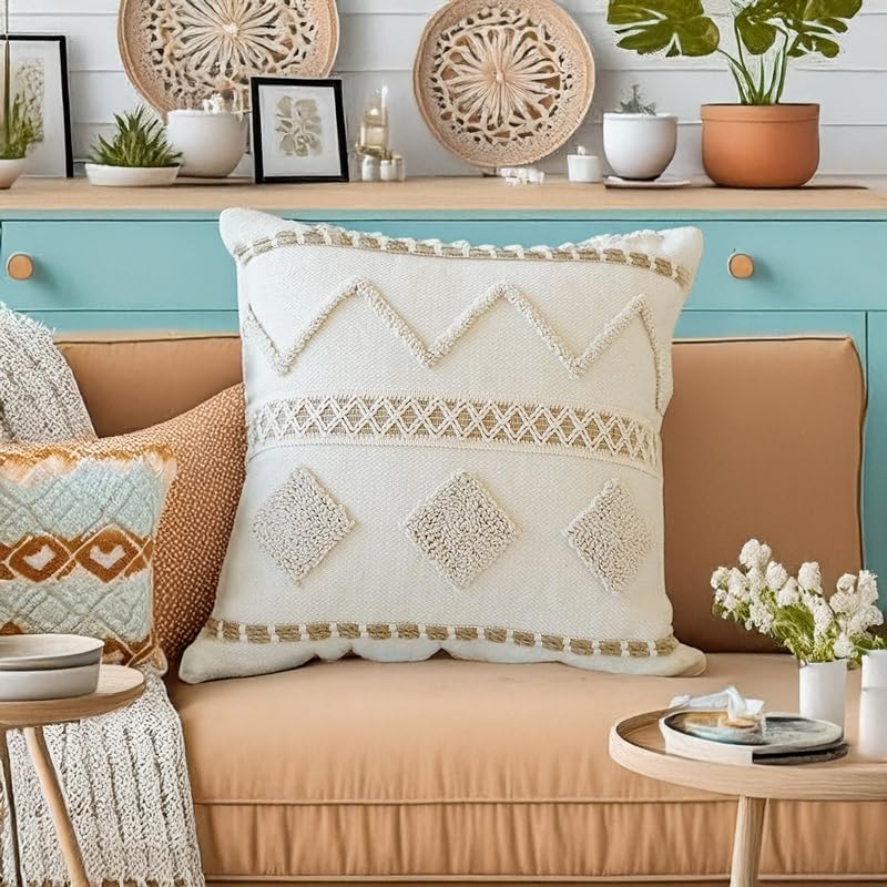 Handwoven Tufted Throw Pillow Cover with Tassels Boho Decorative Cushion Case for Couch Sofa Living Room Bedroom Home Decor - color: 1-002 Hand Woven Tufted Pillowcase