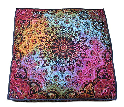 CRAFT KALA Mandala Floor Pillow Cushion Cover Seating Throw Cover Hippie Decorative Bohemian Ottoman Poufs Pom Pom Pillow Cases Boho Indian Cotton Living Room Yoga Home Décor (24" Square, Multi Star) - color: Multi Star, size: 24" x 24" (Pack of 1)