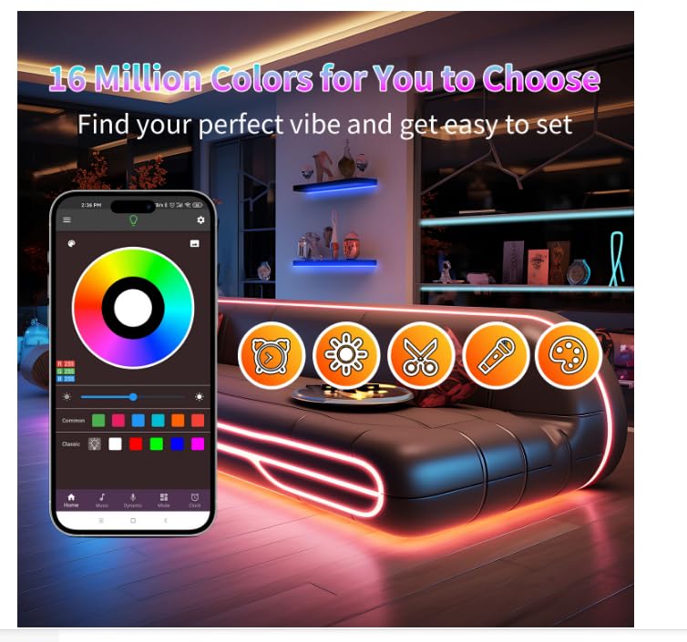 NBBUFF Led Lights for Bedroom Smart App Controlled 300FT(3 Rolls) RGB Strip Lights for Bedroom, Sync with Music, Ideal for Home Party and Room Decoration - size: 300 ft