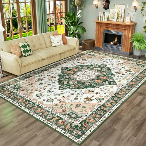 Amearea Vintage Design Area Rugs for Living Room, 4x6 Machine Washable Floral Collection Traditional Bedroom Rug, Low Pile Cute Kids Room Print Carpet, No Slip Office Kitchen Home Decor, Green - color: Green, size: 4' X 6' (Rectangular)