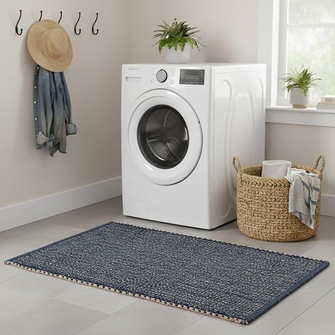 Navy 20X30 Jute Rug Braided Construction - Farmhouse Woven Carpet - Nautical Floor Covering for Entryway or Kitchen, 20" x 30"