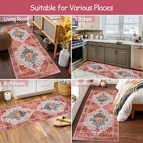 Moynesa Ultra-Thin Washable Pink Runner Rug - 2x6 Washable Long Hallway Rug Runner Kitchen Mat, Oriental Medallion Laundry Room Carpet Runner for Powder Dressing Room Cabinet Bedside Bathroom - color: Pink/Multi, size: 2' x 6'
