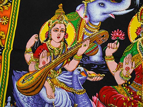 Lakshmi Ganesha Saraswati Batik Cotton Wall Hanging Sequins Painting : Size 43"x30" Inches - color: Lakshmi Ganesha Saraswati - Diwali Pujan