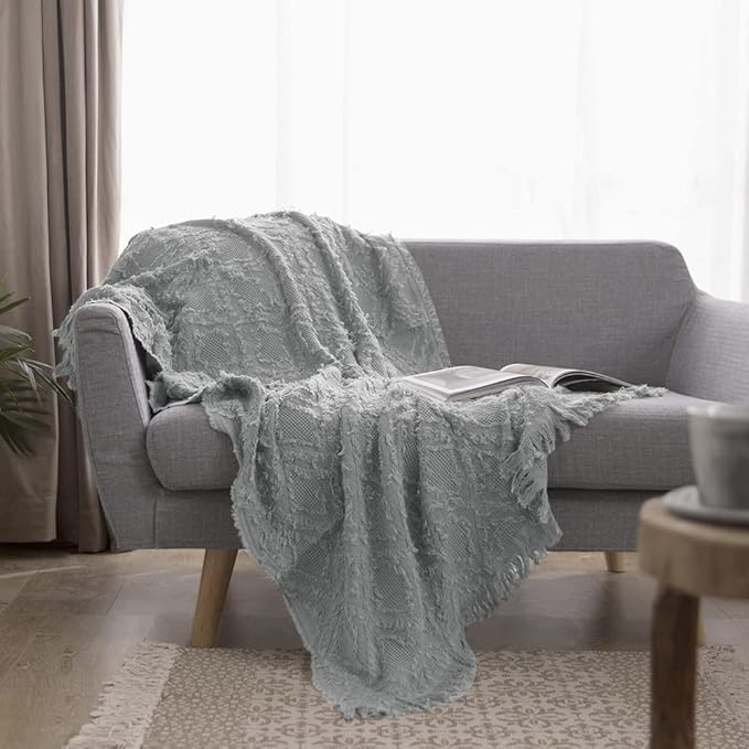 Simple&Opulence Cotton Throw Blanket for Bed, Couch, Boho Textured Geometric Knit Woven Blanket With Tassels Soft, Lightweight Breathable Shabby Chic Farmhouse Decoration for All-Season(Greyish Green)