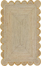 Weaving Cottage Scalloped Natural Jute Area Rug | Beige & Yellow, 2X3 FT Handwoven Jute Doormat | Eco-Friendly, Durable, and Stylish | Perfect for Living Room, Bedroom, and Entryway