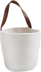 7.1 x 9.8 x 4.7 Inch Hanging Woven Basket Cotton Wall Basket with Handle White Rope Multifunction Macrame Closet Shelf Organizing Storage Wall Mounted Bin for Kitchen Room Fruit Plants Towels