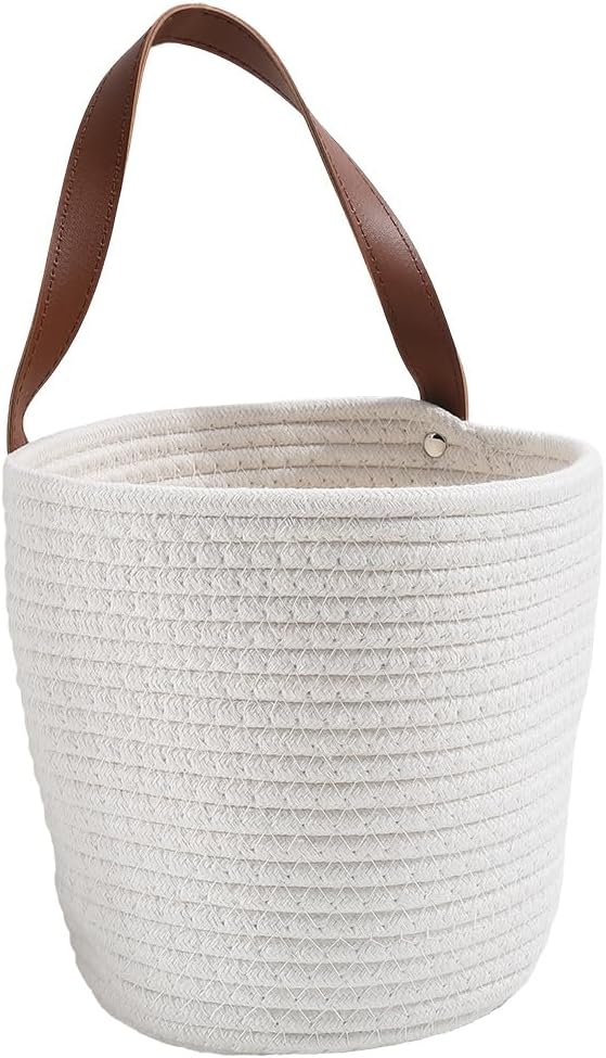 7.1 x 9.8 x 4.7 Inch Hanging Woven Basket Cotton Wall Basket with Handle White Rope Multifunction Macrame Closet Shelf Organizing Storage Wall Mounted Bin for Kitchen Room Fruit Plants Towels