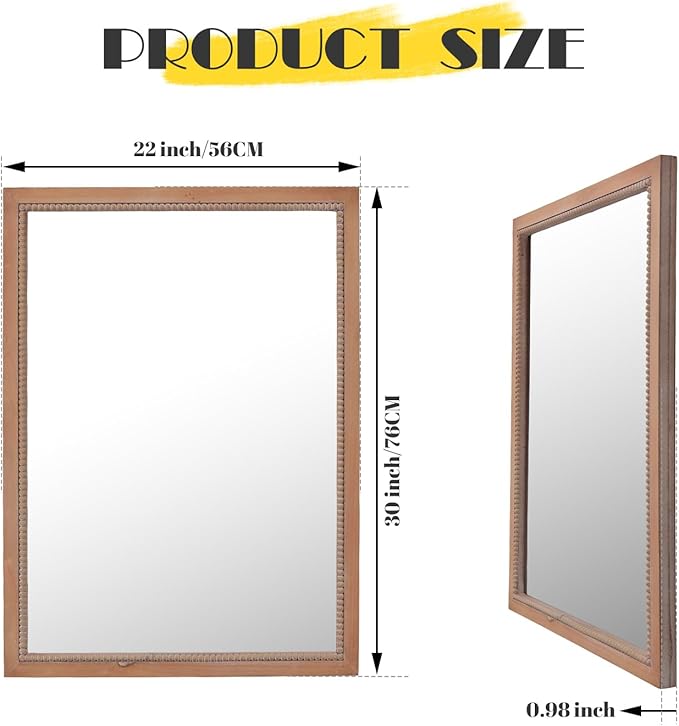 sawsile Rectangular Wood Mirror,22x30 inch Rustic Farmhouse Natural Wooden Frame Boho Beads Wall Mirror for Bathroom,Living Room,Bedroom or Entryway