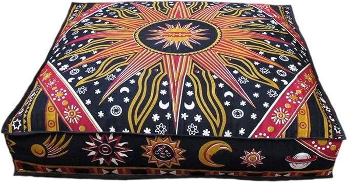 ICC Large Square Floor Pillow Cover Hippie Ottoman Pouf Cover Daybed Cotton Mandala Cushion Cover with Heavy Duty Zipper Seating Ottoman Poufs Dog-Pets Bed (Yellow Burning Sun, 35" Square)