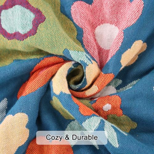 Boho Throw Blanket 60"x80", 100% Cotton Muslin Blankets for Couch Bed Sofa Chair, 4-Layer Soft Cozy Quilt Travel Blanket with Floral, Farmhouse Decor,All Seasons(Blue) - color: Blue Flowers