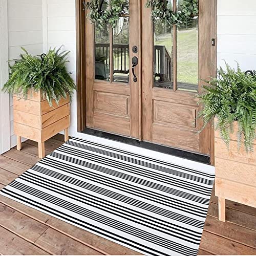 Black and White Striped Outdoor Rug Front Porch Rug 35.4''x59'' Cotton Hand-Woven Welcome Mats Layered Door Mats for Front Porch/Entryway/Laundry Room/Bedroom/Outdoor (35.4''x59'') - color: Black&white Stripe S, size: 3' x 5' (Rectangular)