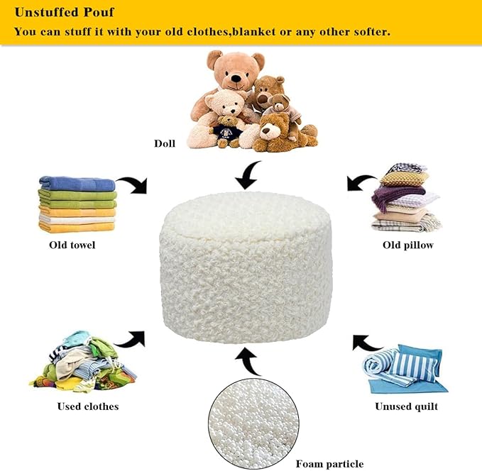 Unstuffed Pouf Ottoman Cover Handmade Footstool Ottoman Storage Solution Floor Pouf Footrest Cushion 20x12 Inches for Living Room Wedding Ivory