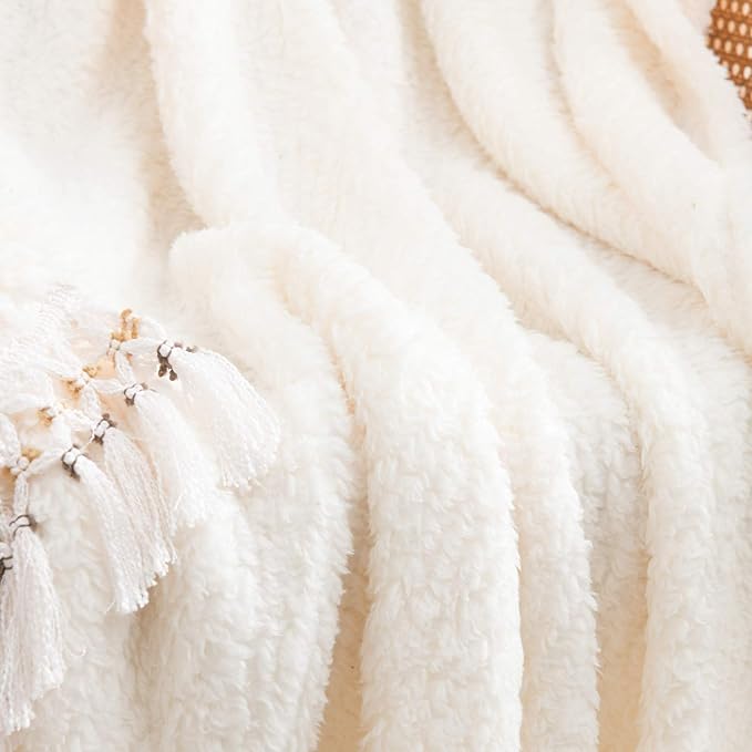 Ultra Soft Cozy Sherpa Throw Blanket, Light Weight Warm Decorative Throw Blanket with Tassel, Solid Antique White Pattern Reversible Boho Style Blanket for Sofa, Couch, Bedroom,Travel, 50”x60”