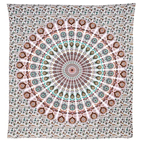 Bless International Handmade Indian hippie Bohemian Psychedelic Peacock Mandala Wall hanging College Dorm Beach Throws Table Cloth Bedding Tapestry (Floral Gold, Queen(84x90Inches)(215x230Cms)) - color: Floral Gold, size: 90"L x 84"W