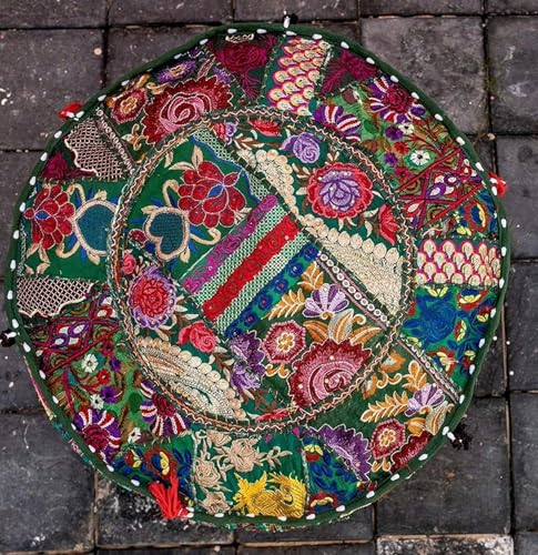 Bohemian Indian Patchwork Ottoman Pouf Cover – 18"x13" inch Round Cotton Embroidered Footstool Pillow – Vintage Ethnic Decor, Green (Cover Only) - color: Green, size: 18"D x 18"W x 13"H