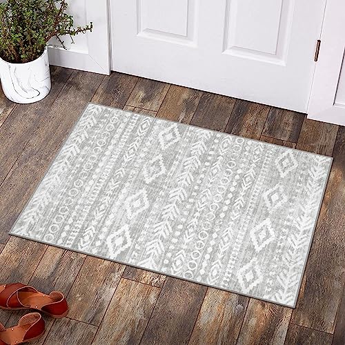 Lahome Boho Moroccan Entryway Rug, Washable 2x3 Grey and White Indoor Entry Kitchen Rugs Non-Slip, Ultra-Thin Soft Rustic Tribal Print Front Door Carpet Fall Small Throw Rug for Laundry Varena - color: Grey/White, size: 2' x 3'