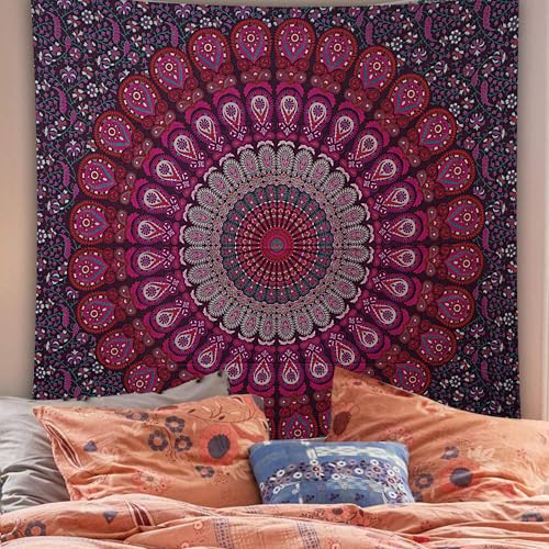 FURNISHFUL FINESSE Handmade Cotton Peacock Mandala Tapestry - Purple Pink Ombre Boho Wall Decor, Bohemian Hippie Room Hanging for Bedroom & Dorm Aesthetic - 54x84 Inch - color: Purple Pink, size: 84"L x 54"W