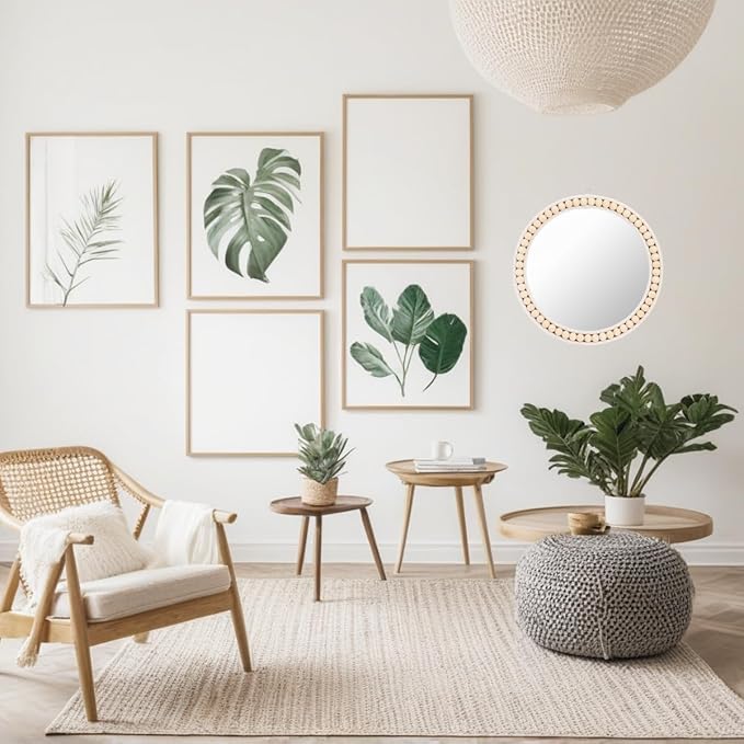 Boho Wall Mounted Mirror, 12 Inch Round Wooden Bead Hanging Mirrors, Rustic Decorative Vanity Mirror, Farmhouse Circle Decor Mirrors for Living Room, Bedroom, Bathroom, Nursery
