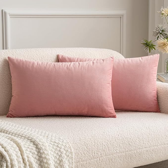 MIULEE Velvet Throw Pillow Covers 12x20 Inch, Pack of 2 - Dusty Pink, Soft Solid Lumbar Decorative Pillow Covers Modern Luxury Home Decor for Spring Couch Sofa Bedroom Livingroom