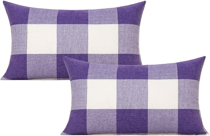 VAKADO 12x20 Set of 2 Purple Throw Pillow Covers Lumbar Buffalo Plaids Decorative Gingham Farmhouse Decor Outdoor Checkered Square Cushion Cases Home Decorations for Bedroom Couch Sofa Patio