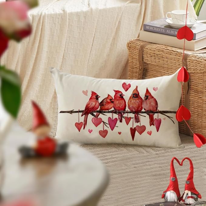 RABUSOFA Valentines Pillow Covers 12x20 inch Valentines Day Decoration Red Love Heart Cardinal Anniversary Wedding Lumbar Throw Pillowcase for Couch Home Decor