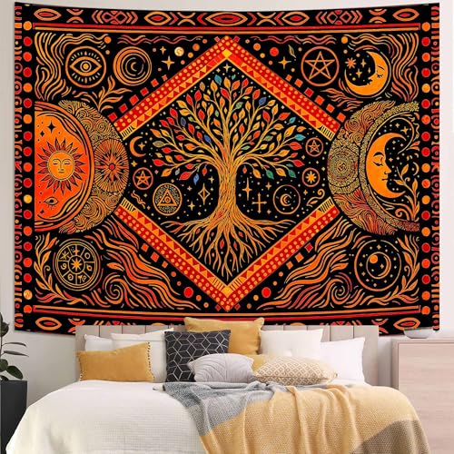 Lunerfex Tree of Life Sun Moon Stars Wall Tapestry, Cosmic Harmony Symbol Tapestries for Home Decor, Mystical Tapestry 80x60 Inch - color: Red Orange, size: 80"L x 60"W