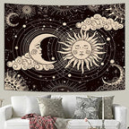 Wonrizon Sun and Moon Tapestry, Aesthetic Black Dark Spiritual Tapestries Mystic Burning Sun with Clouds Star Wall Hanging decor for Bedroom (51.2" x 59.1") - size: 51.2"L x 59.1"W