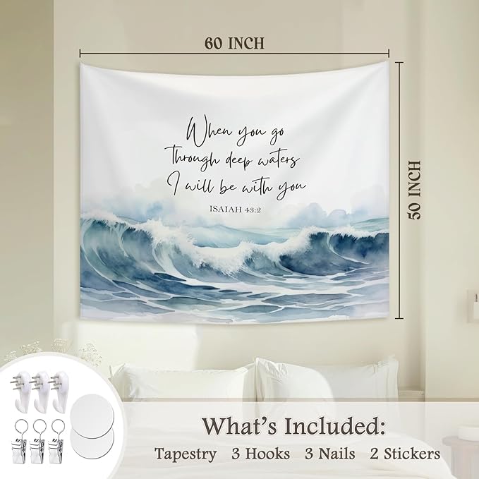 STHTTSW Christian Ocean Tapestry, When You Go Through Deep Waters Tapestries Wall Blanket, Religious Scripture Wall Hanging Decor for Church Prayer Room Home Office, 50x60 Inch