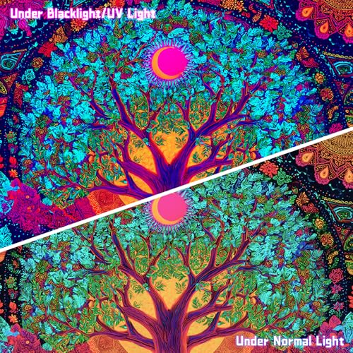 AOHMPT Blacklight Tree of Life Tapestry Trippy Fluorescent Wall Hanging Psychedelic Boho Decor Glow in the Dark Mandala Tapestries for Bedroom Party, 79x59 In - color: Tree(1), size: 79"L x 59"W