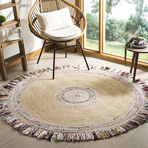 SAFAVIEH Cape Cod Collection Area Rug - 5' Round, Ivory & Light Beige, Handmade Boho Fringe Jute & Cotton, Ideal for High Traffic Areas in Living Room, Bedroom (CAP205B)