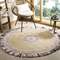 SAFAVIEH Cape Cod Collection Area Rug - 5' Round, Ivory & Light Beige, Handmade Boho Fringe Jute & Cotton, Ideal for High Traffic Areas in Living Room, Bedroom (CAP205B)