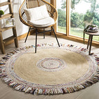 SAFAVIEH Cape Cod Collection Area Rug - 5' Round, Ivory & Light Beige, Handmade Boho Fringe Jute & Cotton, Ideal for High Traffic Areas in Living Room, Bedroom (CAP205B)