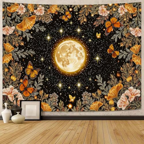Kanuyee Golden Ginko Tapestry Nature Style Tapestry for Bedroom Celestial Starry Sky tapestries Wall Hanging Aesthetic Room Decor Full Moon and Ginko Leaves 80"x60" - color: Black Pink, size: 80"L x 60"W