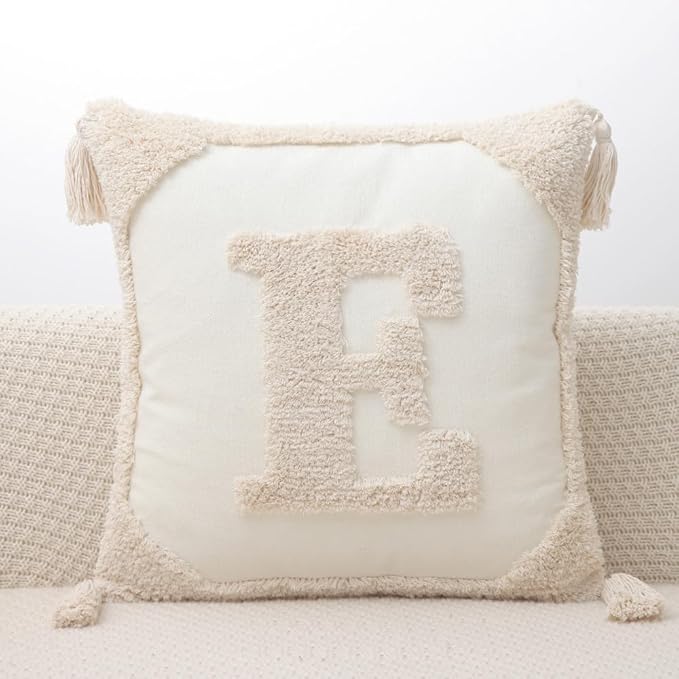 Monogram Pillow Covers with Tassels 18”x18” Modern Cotton Canvas Tufted Alphabet E Throw Pillow Covers for Sofa Couch Bed 26 English Letters Decorative Pillow Case for Sofa Throw Pillows