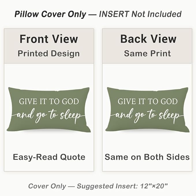 Decorative Throw Pillow Covers 12x20 Inch Set of 2 – Olive Green Christian Lumbar Pillowcase – Give It to God and Go to Sleep/Relax God’s Got This – Faith Bedroom Bed Decor