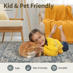 5x7 Area Rugs for Living Room Bedroom, Blue Washable Rug, Vintage Retro Boho Rug, Non Slip & Low Pile Faux Wool Thin Carpet for Indoor Dining Room and Kids Room(Blue 5x7ft)