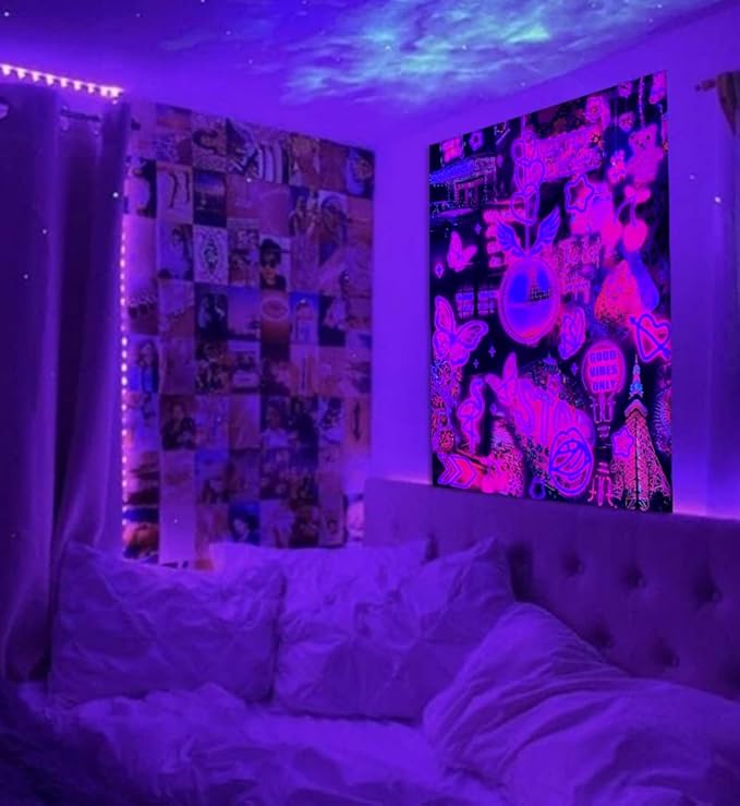 XL Pink Neon Tapestry for Bedroom Aesthetic Retro Blacklight Tapestry Glow in the Dark Ceiling Tapestries Wall Hanging Black Light Poster UV Reactive Extra Large Fabric Wall Hanging Tapestries 71”x90”