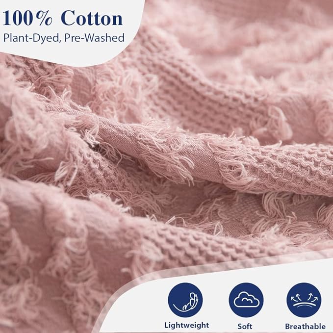 Simple&Opulence 100% Cotton Throw Blanket for Bed, Couch, Boho Textured Geometric Knit Woven Blanket with Tassels Soft, Lightweight Breathable Shabby Chic Farmhouse Decoration for All-Season(Pink)