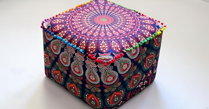 CRAFT KALA Large Hippie Mandala Meditation Floor Ottoman Pillow Cushion Pouf Cover Square Poufs Cover Bohemian Floor Cushion Case Outdoor Fireplace Living Room Decor 22X22X14 inches, Multi Mirchi