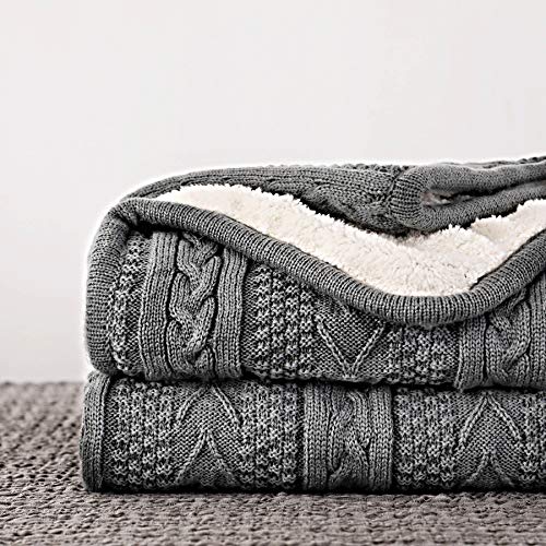 Longhui bedding Acrylic Cable Knit Sherpa Throw Blanket - Thick, Soft, Big, Cozy Grey Knitted Fleece Blankets for Couch, Sofa, Bed - Large 50 x 63 Inches Gray Coverlet All Season - color: Grey, size: 50" x 63", Standard