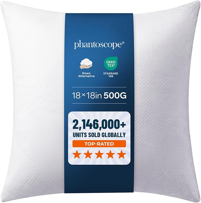 Phantoscope Pillow Inserts, Hypoallergenic 100% Virgin Fiber Square Form Microfiber Throw Pillow Inserts, Couch Bed Pillows 45x45 cm, 18x18 Inch (Pack of 1)
