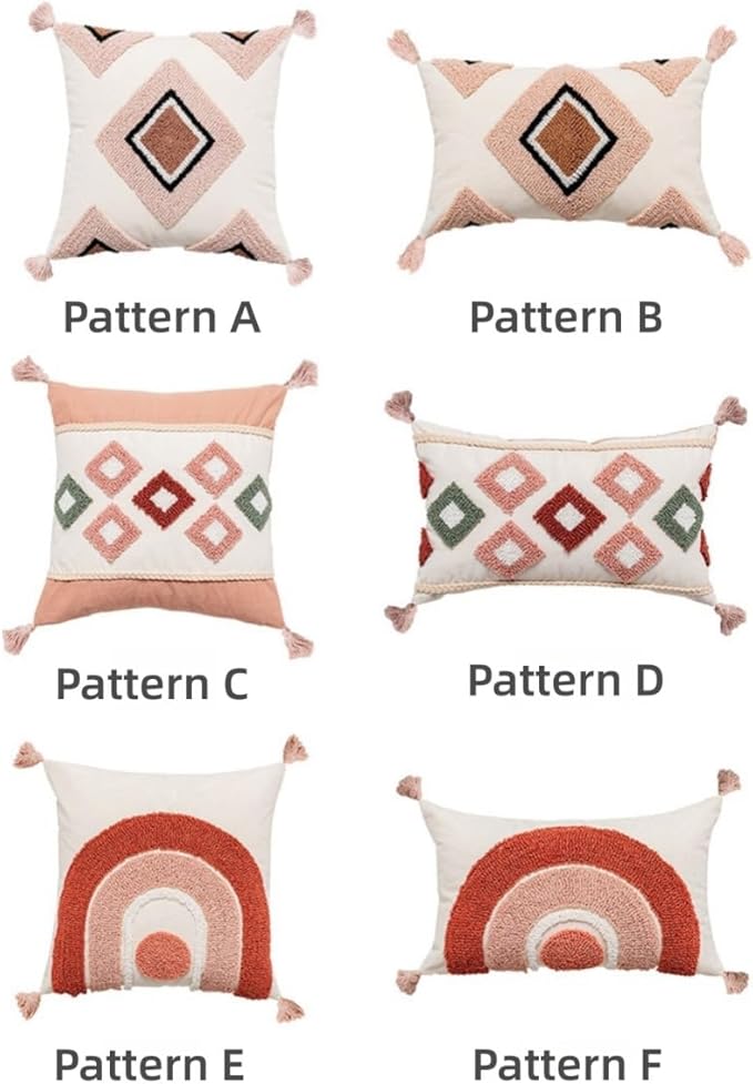 Pink Bohemain Decorative Lumbar Throw Pillow Covers 12x20 Inch - Geometric Moroccan Tufted Cushion Covers with Tassels | Boho Decor for Bed Living Room | Dusty Rose & Cream Textured (Set of 1 B)